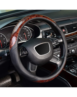 KAFEEK Wood Grain Steering Wheel Cover, Universal 15 inch, Microfiber Leather,Anti-Slip, Odorless