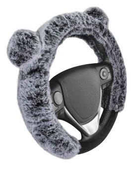 BDK Bear Fur Plush Steering Wheel cover - cute Faux Wool Protector for Women girls Fits Wheels 145 - 15 inch gray - with Ears