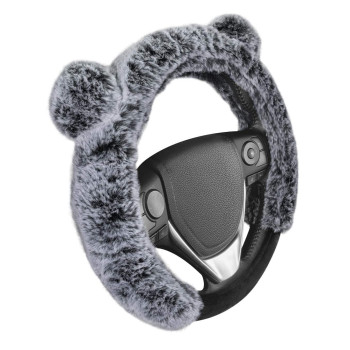 BDK Bear Fur Plush Steering Wheel cover - cute Faux Wool Protector for Women girls Fits Wheels 145 - 15 inch gray - with Ears