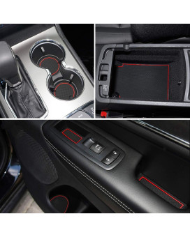 auovo Door Cup Holder Console Liners Inserts Custom Fit for Grand Cherokee 2014-2021 Interior Accessories Anti Dust Mats(18-pcs Set, Red Trim)