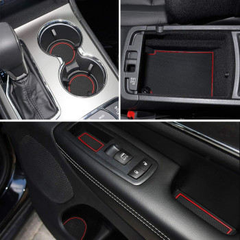 auovo Door Cup Holder Console Liners Inserts Custom Fit for Grand Cherokee 2014-2021 Interior Accessories Anti Dust Mats(18-pcs Set, Red Trim)