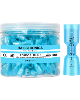 haisstronica 200PCS Blue Heat Shrink Female Spade Connectors,AWG 16-14 Heat Shrink Female Spade Terminlas Kit,Electrical Quick Disconnect Wire Connectors