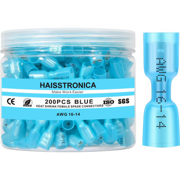 haisstronica 200PCS Blue Heat Shrink Female Spade Connectors,AWG 16-14 Heat Shrink Female Spade Terminlas Kit,Electrical Quick Disconnect Wire Connectors