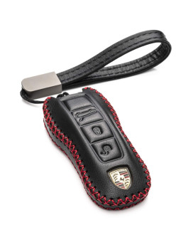 Vitodeco Genuine Leather Smart Key Fob Case Cover Protector with Leather Key Strap Compatible for 2020 - 2024 Porsche Cayenne, Macan, Panamera, 718, 911 (3-Button, Black/Red)