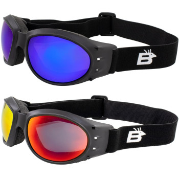 Birdz 2 Pairs Eagle Matte Black Padded Sport Riding Goggle with ReflecTech Red/Blue Mirror Lens