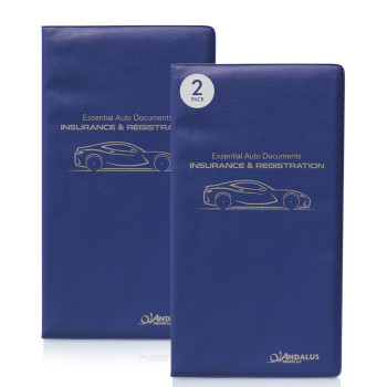 Andalus Auto Registration & Insurance Card Holder Pack of 2, Waterproof Essential Car Registration Holder with Hook & Velcro Closure, Perfect for Every Vehicles Glove Boxes (Blue - 9.5 x 5.15)