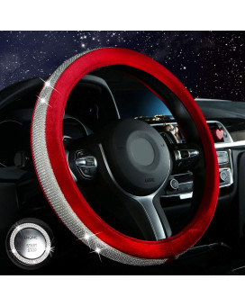 Diamond Bling Steering Wheel Cover for Women Girls, Car Crystal Sparkly Leather Steering Wheel Protector Interior Accessories (Red, Standard Size[14 1/2''-15''])