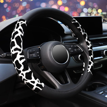 ZHOL Cow Print Car Steering Wheel Cover, Breathable Microfiber Leather for Women and Men, Universal 15 inch Anti-Slip Steering Wheel Protector, Black&White