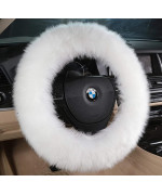 Andalus Australian Sheepskin Long Wool Steering Wheel Cover for Women & Men - Universal 15 Inch Steering Wheels & Accessories - Eco-Friendly Wheel Cover for Car - Car Accessories (White)