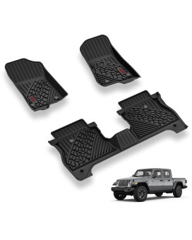 3W Floor Mats Compatible for Jeep Gladiator 2020-2024, Custom Fit TPE All Floor Liner for Weather Jeep Gladiator,1st & 2nd Row Full Set Car Liners with red Logo,Black