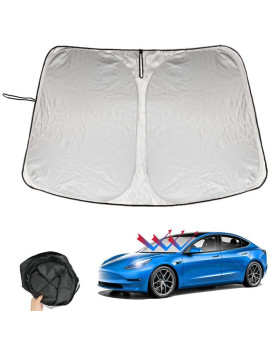 ROCCS Compatible with Tesla Model 3 Model Y Front Windshield Sunshade - 210T Double Layer Blocking Fabric Foldable Heat Shield Sun Visor - Folding Sun Shade with Elastic Rope and Storage Bag