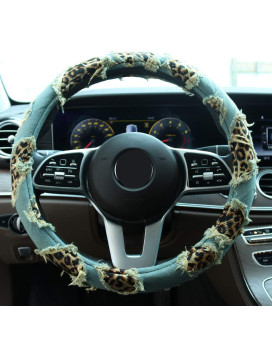 KAFEEK Denim Leopard Steering Wheel Cover, Universal 15 inch,Tattered Denim Leopard Print