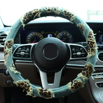 KAFEEK Denim Leopard Steering Wheel Cover, Universal 15 inch,Tattered Denim Leopard Print