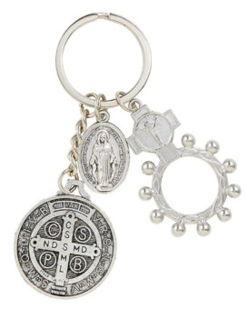 Saint Benedict Key Chain with One Decade Rosary Ring and Miraculous Medal, Keychain for House or Car Keys, 3 1/2 Inches