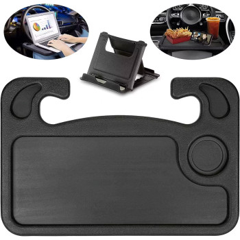 Lsyomne Car Steering Wheel Tray Table Food Eating Hook On Steering Wheel Desk Laptop Holder with Cell Phone Stand Car Table Laptop Tray for Eating Tablet iPad and Notebook Black