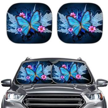 HUISEFOR Butterfly Windshield Sun Shade for Car SUV Trucks Minivan Vehicle Window Sunshade ,Blue Designs Sun Visor ,Flower Outdoor Travel Car Front Window Protective Shades,Car Decor Accessiores