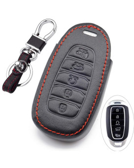 ROYALFOX(TM 5 buttons genuine leather smart remote Key Fob case Cover shell For Hyundai Kona Veloster i30 Ix35 Solaris Azera Grandeur Ig,2017-2020 Hyundai Palisade (5 buttons black)