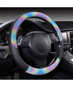 CAR-GRAND Chameleon Iridescent Reflective PU Leather Steering Wheel Cover,15Inch Universal Fit for 95% Suvs,Sedans,Vans,Trucks for Unique Cute Women Lady Girly(Black Colorful Color Change) Multicolor