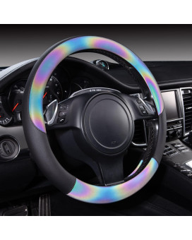 CAR-GRAND Chameleon Iridescent Reflective PU Leather Steering Wheel Cover,15Inch Universal Fit for 95% Suvs,Sedans,Vans,Trucks for Unique Cute Women Lady Girly(Black Colorful Color Change) Multicolor