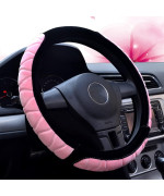 ZHOL Plush Steering Wheel Cover for Winter Warm, Universal 15 Inch Microfiber Softy Fluffy Steering Wheel Covers for Women Girls, Anti-Slip, Black&Pink