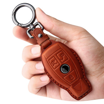 Tukellen for Mercedes Benz Key fob Cover Genuine Leather with Keychain,Leather Key case Protector Compatible C E M S CLS CLK GLK GLC G AMG Series Smart Remote Key,Brown