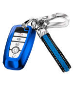 Key Fob Cover Case for Ford Soft TPU Key Holder Full Coverage Car Key Protector with Leather Keychain Lanyard for Ford Explorer Mustang Fusion Escape F150 F250 F350 F450 F550 Edge, Blue