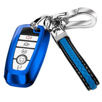 Key Fob Cover Case for Ford Soft TPU Key Holder Full Coverage Car Key Protector with Leather Keychain Lanyard for Ford Explorer Mustang Fusion Escape F150 F250 F350 F450 F550 Edge, Blue