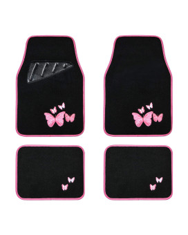 August Auto Universal Fit Butterfly Carpet Car Floor Mats with Heel Pad Fit for Sedan, SUVs, Truck, Vans Set of 4 (Black and Pink)