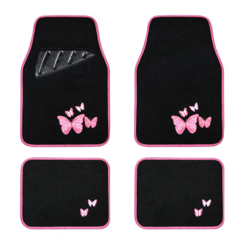 August Auto Universal Fit Butterfly Carpet Car Floor Mats with Heel Pad Fit for Sedan, SUVs, Truck, Vans Set of 4 (Black and Pink)