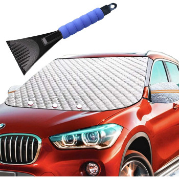 Car Windshield Snow Ice Winter Cover 62X49 Extra Large with 4 Layers Full Wiper Protector Magnetic Windshield Covers for Most Car SUV Truck Van Snow Ice Sun Frost Defense Side Mirror Covers