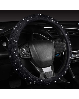 joleully Women Fashion Black Velvet Bling Steering Wheel Cover with Black Diamonds, 15 inch Standard Glitter Rhinestone Car Wheel Cover Sparkling, Full Covered