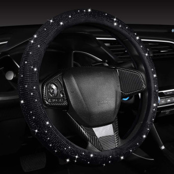 joleully Women Fashion Black Velvet Bling Steering Wheel Cover with Black Diamonds, 15 inch Standard Glitter Rhinestone Car Wheel Cover Sparkling, Full Covered