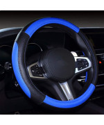 SHIAWASENA Microfiber Leather Car Steering Wheel Cover, Fashion Stitching, Universal 15 Inch Fit, Non-Slip (Black&Blue)