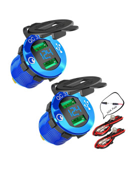 DAIERTEK 2pcs Car 12V USB Charger Socket 2 Port QC 3.0 with Blue LED Voltmeter Waterproof Cover & 10A Fuse Wires for Automotive RV RZR ATV Bus Truck Marine Boat