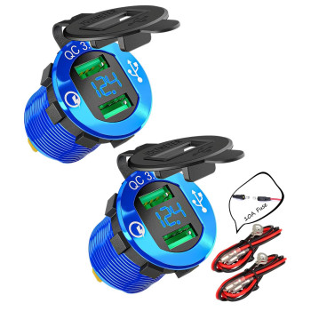 DAIERTEK 2pcs Car 12V USB Charger Socket 2 Port QC 3.0 with Blue LED Voltmeter Waterproof Cover & 10A Fuse Wires for Automotive RV RZR ATV Bus Truck Marine Boat