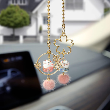 YGMONER Pair of Maneki Neko Mirror Hanging Couple Lucky Cat with Sakura for Car Interior Ornament Decoration (Sakura & Cat)