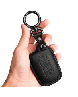 Tukellen for Toyota Key Fob Cover Genuine Leather with Keychain,Leather Key Case Protector Compatible Highlander RAV4 Camry Corolla Avalon Tocoma Tundra (only for Keyless go)-Black