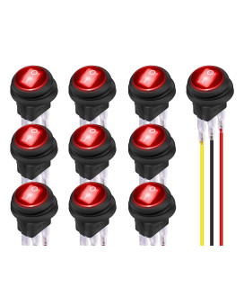 DaierTek 12V Round Rocker Switch Waterproof Red LED Round Toggle Switch Lighted DC 12 Volt 20A ON Off 3 Pin SPST for Marine Boat Automotive Car - 10 Pack