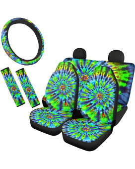 CLOHOMIN Tie Dye in Green Car Seat Covers Front Back Full Set Comfortable Steering Wheel Cover and Shoulder Pad Seat Belt Protector Perfect Most SUV Truck Van Sedan