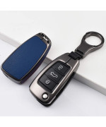 SANRILY 1Pcs Flip Key Fob Cover for Audi A1 A3 A6 Q3 Q5 TT S3 Keyless Entry Key Holder Metal Leather Key Protection Case Shell with Keychain Blue