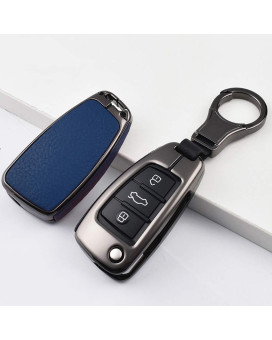 SANRILY 1Pcs Flip Key Fob Cover for Audi A1 A3 A6 Q3 Q5 TT S3 Keyless Entry Key Holder Metal Leather Key Protection Case Shell with Keychain Blue