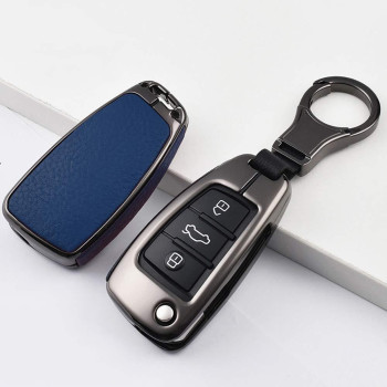 SANRILY 1Pcs Flip Key Fob Cover for Audi A1 A3 A6 Q3 Q5 TT S3 Keyless Entry Key Holder Metal Leather Key Protection Case Shell with Keychain Blue