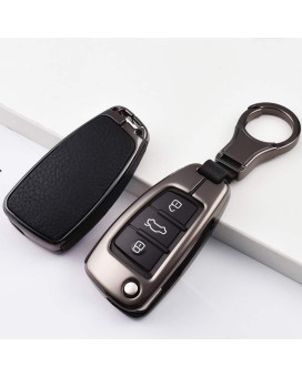 SANRILY 1Pcs Flip Key Fob Cover for Audi A1 A3 A6 Q3 Q5 TT S3 Keyless Entry Key Holder Metal Leather Key Protection Case Shell with Keychain Black
