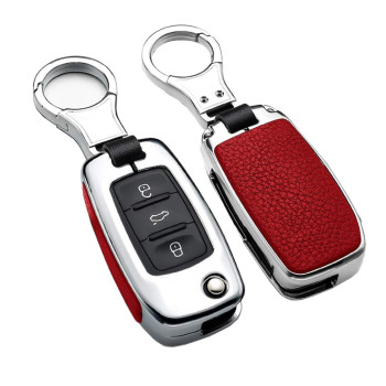 ontto Fit for Volkswagen Key Fob Cover Key Case Remote Cover Metal Leather Key Shell with Keychain Compatible with VW Tiguan Jetta Mk6 Golf Polo Passat Flip Key Red(1 keycover&1 Keychain)