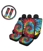 UZZUHI Tie Dye Swirl Car Seat Covers Rainbow Steering Wheel Cover Front and Backseat Covers Fit Most Car Pet Dog Bench Seat Cover Seatbelt Pads Colorful Full Set 7 Pack,Multicolor