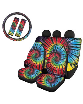 UZZUHI Tie Dye Swirl Car Seat Covers Rainbow Steering Wheel Cover Front and Backseat Covers Fit Most Car Pet Dog Bench Seat Cover Seatbelt Pads Colorful Full Set 7 Pack,Multicolor