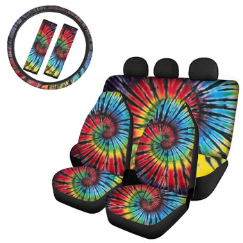 UZZUHI Tie Dye Swirl Car Seat Covers Rainbow Steering Wheel Cover Front and Backseat Covers Fit Most Car Pet Dog Bench Seat Cover Seatbelt Pads Colorful Full Set 7 Pack,Multicolor