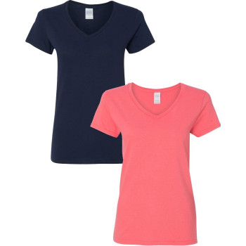 gildan Womens Heavy cotton V-Neck T-Shirt 2-Pack MED-Navy-coral