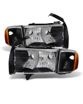 ACANII - For 1999 2000 2001 Dodge Ram 1500 Sport Model Black Headlights Headlamps w/Corner Lights Pair Set Left+Right