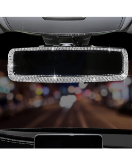 Bling Rhinestone Car Rear View Mirror, Car Rear View Mirror with Crystal Diamonds Bling Rhinestones Car Rear View Mirror for Women,Car Interior Trim. (Sliver)